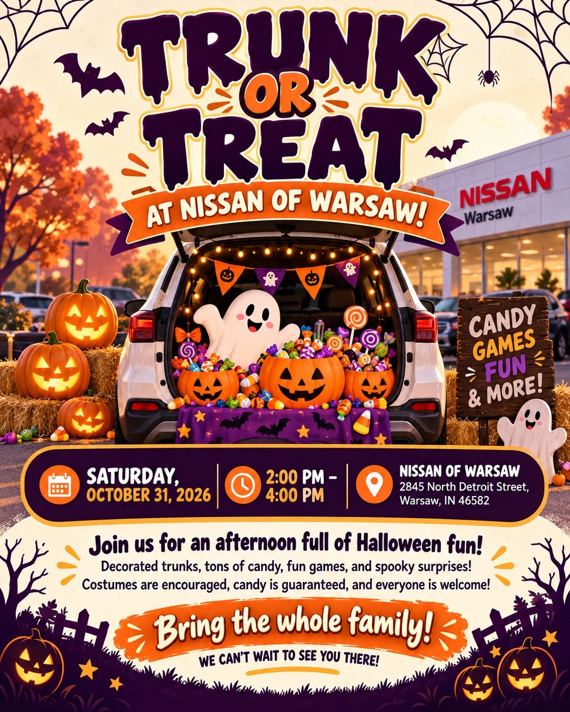 Nissan of Warsaw Trunk or Treat Saturday October 31, 2026 from 2 PM to 4 PM
