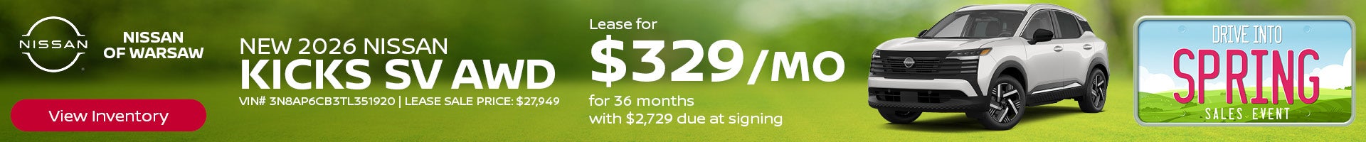 Lease a New 2026 Nissan Kicks SV AWD in Warsaw, IN