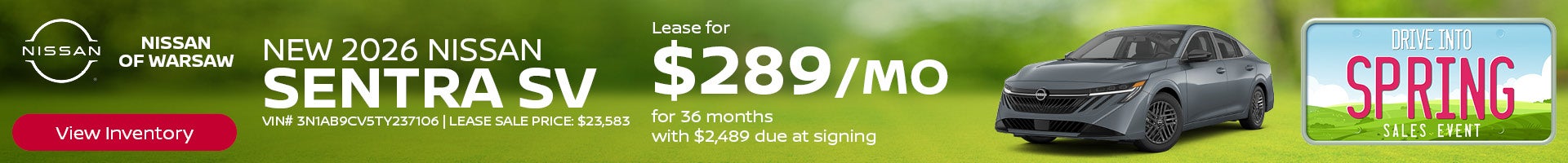 Lease a New 2026 Nissan Sentra SV in Warsaw, IN